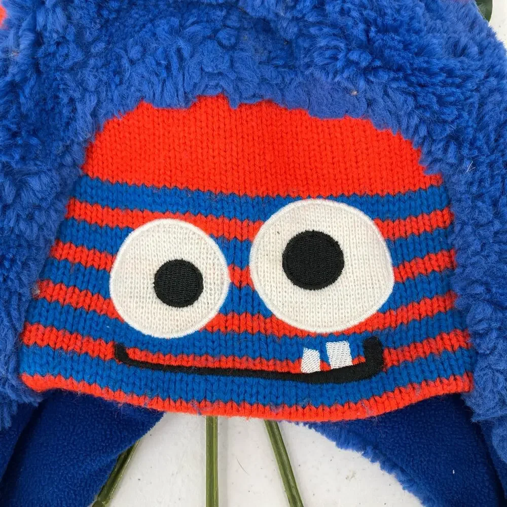 Target Blue Orange Fleece Faux Sherpa Embroidered Monster Ear Flap Beanie Hat